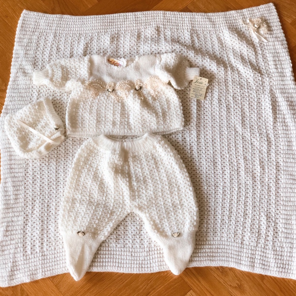 NEW White Knitted Baby Clothing Set & Blanket